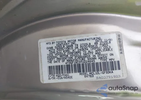 2000 Toyota Sienna Ce z USA, uszkodzony, nr VIN 4T3GF19C3YU224645